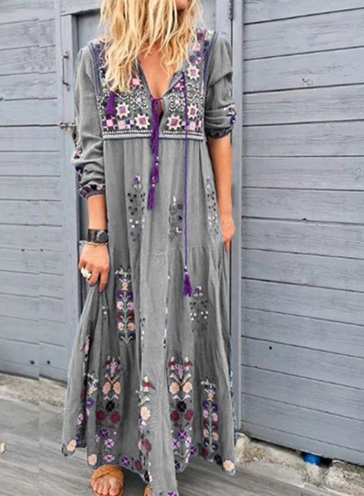 Women's Maxi Dresses Floral Multicolor Long Sleeve V Neck Boho Maxi Dress