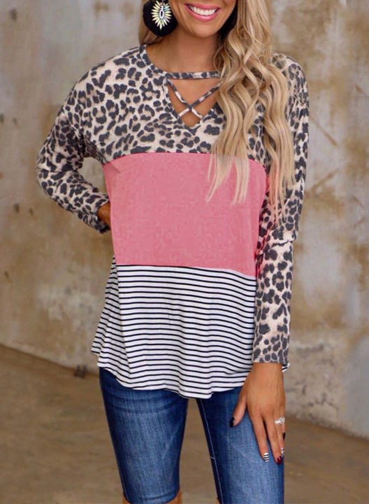 Women's T-shirts Leopard Color Block Print Long Sleeve V Neck Daily Criss Cross T-shirt