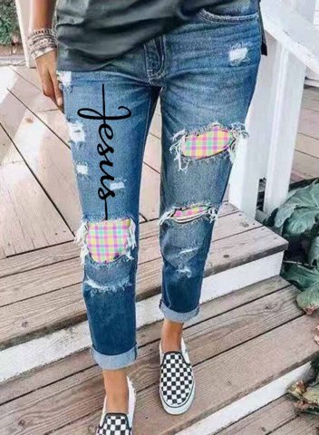 Women's Jeans Mid Waist Cut-out Slim Plaid Letter Color Block Full Length Casual Jeans