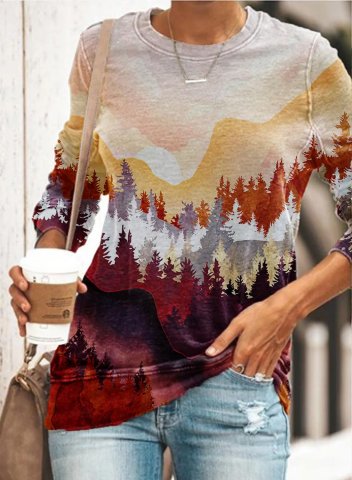 Women's Mountain Landscape Treetop Printed T-shirts Holiday Long Sleeve Round Neck Daily Sweatshirt