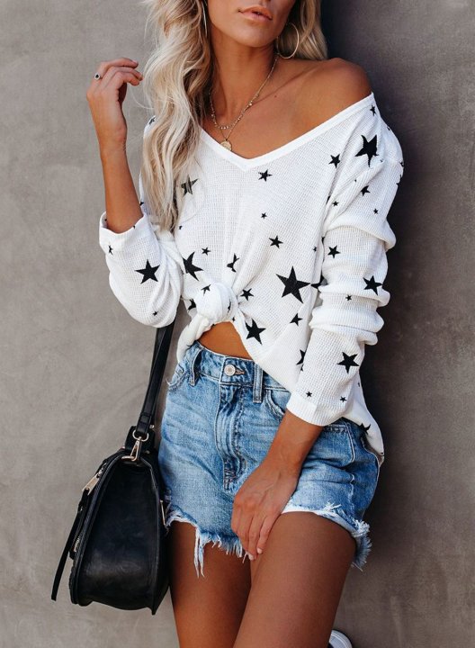 Star-pattern V Neck Long Sleeve Top