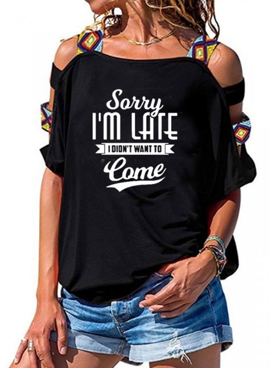 Women's Sorry I'm Late I Didn't Want to Come T-Shirt Color Block Letter Half Sleeve Square Neck Casual Decoration Shirt