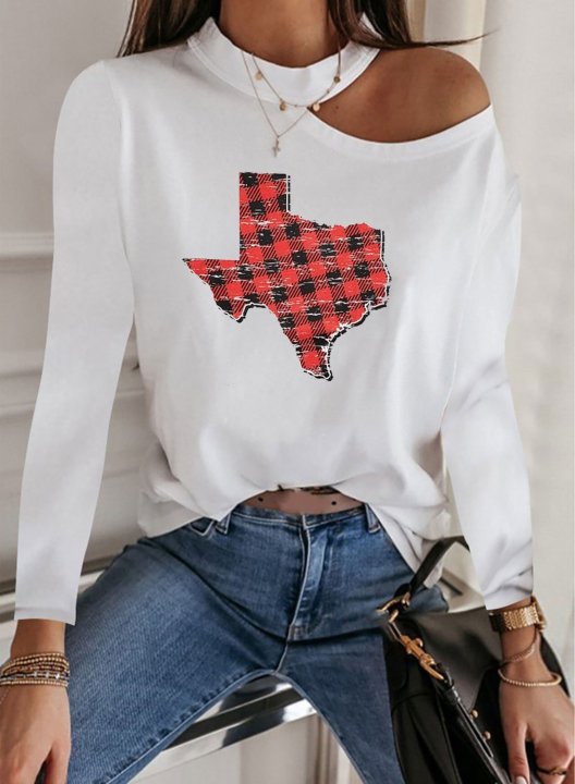 Women's T-shirts Plaid Festival Long Sleeve Crew Neck Cold Shoulder T-shirt