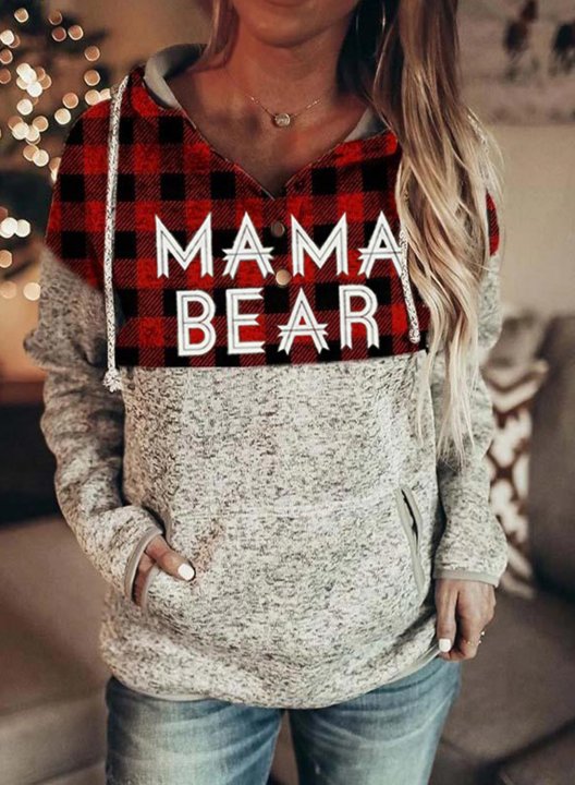 Women's Mama Bear Print Plaid Hooded Sweatshirt