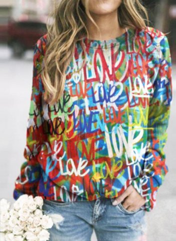 Women's Sweatshirts Color-block Letter Love Print Long Sleeve Round Neck Sweatshirt