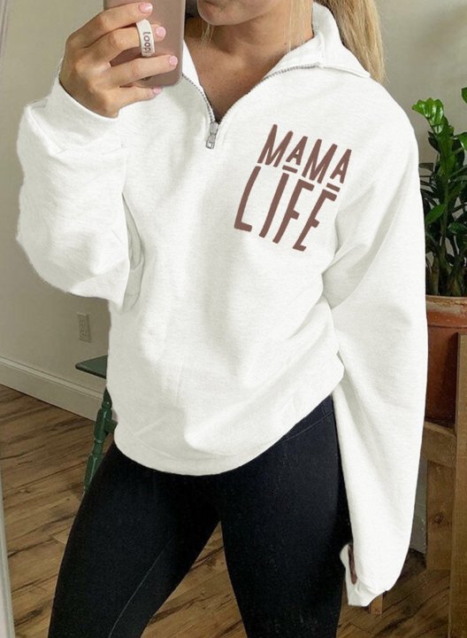 Solid Long Sleeve Letter V Neck Zip Front Sweatshirt