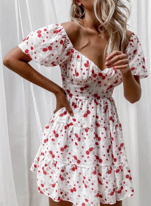 Women's Dress Floral Fit & Flare V Neck Short Sleeve Summer Date Cute Mini Dress