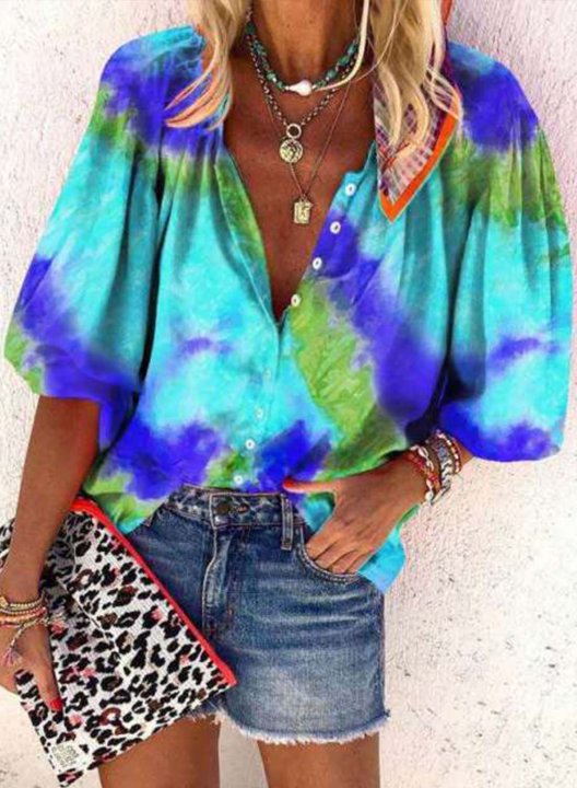 Women's Shirts Multicolor 3/4 Sleeve V Neck Daily Boho Shirt