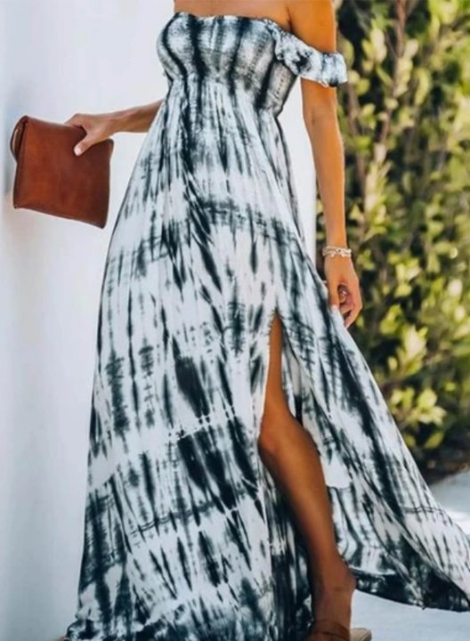 Women's Maxi Dresses Multicolor Short Sleeve Off Shoulder Vacation Boho Split Maxi Dress