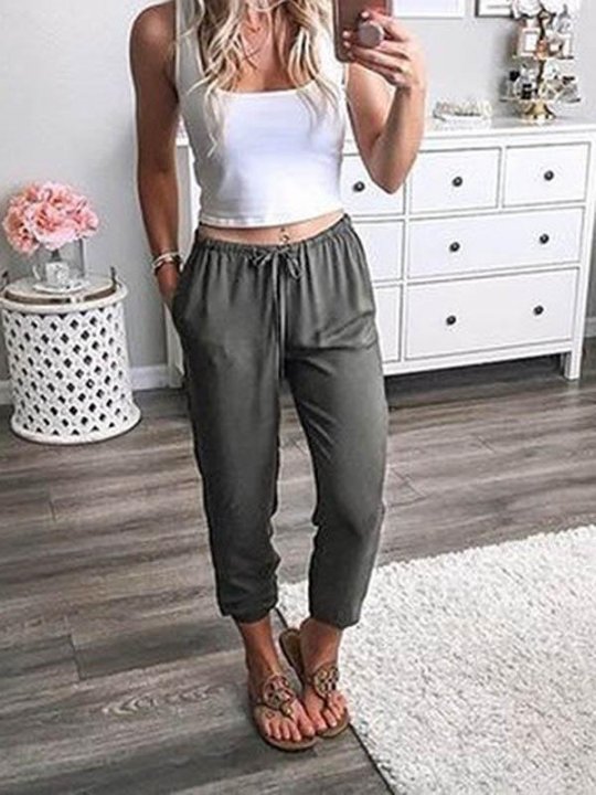 Women's Solid Cotton Loose Cropped Pants