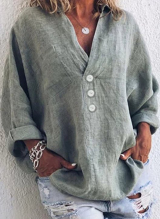 Women's Shirts Button Solid 3/4 Sleeve V Neck Daily Casual Shirt