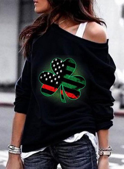 Women's Sweatshirt Shamrock American Flag Solid Cold Shoulder Long Sleeve Daily Sweatshirt