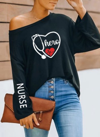 Women's T-shirts Heart-shaped Letter Print Long Sleeve Cold Shoulder Daily T-shirt