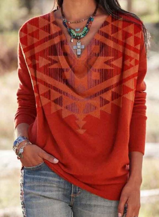 Women's Pullovers Color Block Tribal Letter Long Sleeve V Neck Tunic Pullover