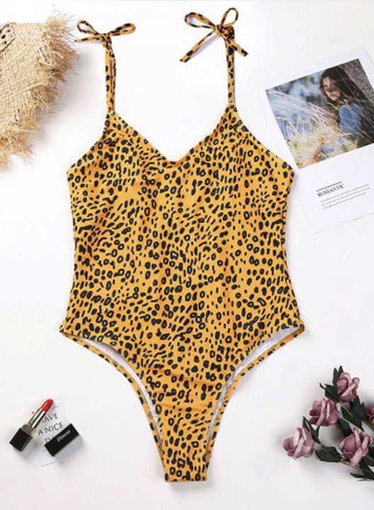 Women's One Piece Swimwear Leopard Spaghetti Casual Summer One-Piece Swimsuits One-Piece Bathing Suits