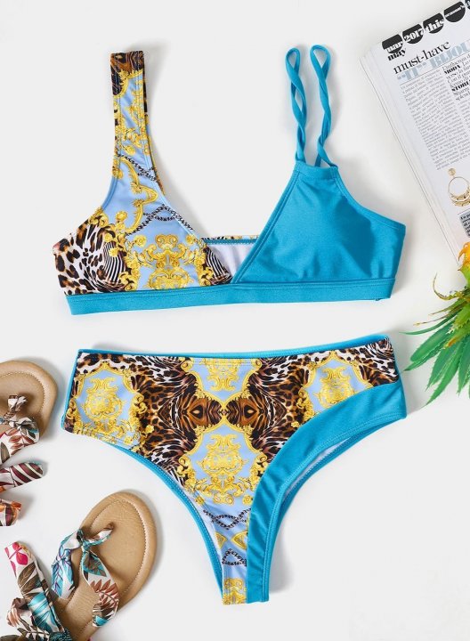 Women's Bikinis Multicolor Padded Mid Waist V Neck Beach Bikini Bathing Suits