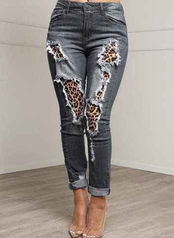 Women's Jeans Mid Waist Slim Leopard Pocket Cut-out Full Length Casual Daily Jeans