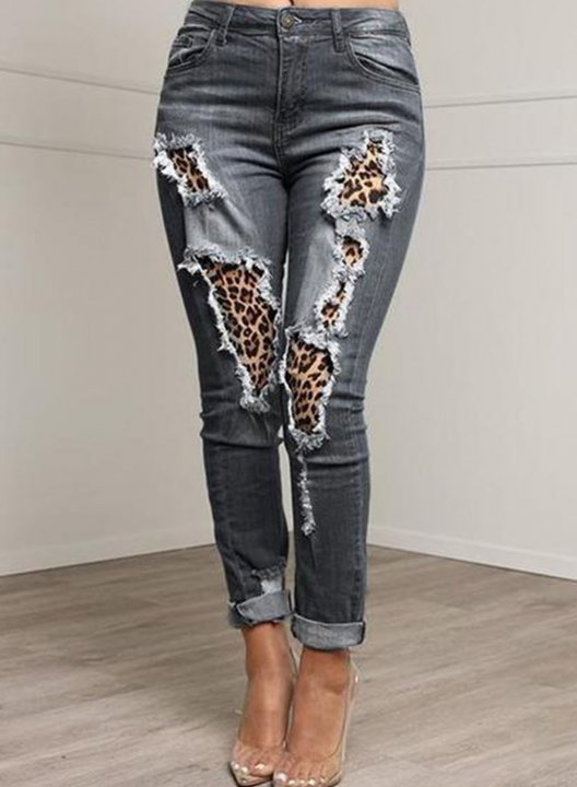 Women's Jeans Mid Waist Slim Leopard Pocket Cut-out Full Length Casual Daily Jeans