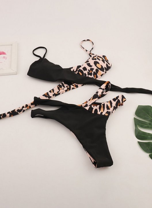 Women's Bikinis Solid Leopard Padded Sleeveless Spaghetti Adjustable Casual Daily Bikini Sets