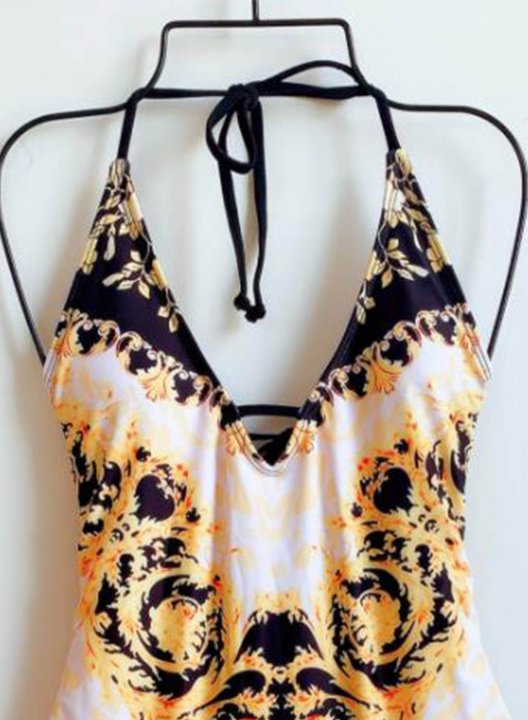 Women's One Piece Swimwear Leopard Tropical Print V Neck Open Back Knot One-Piece Swimsuit