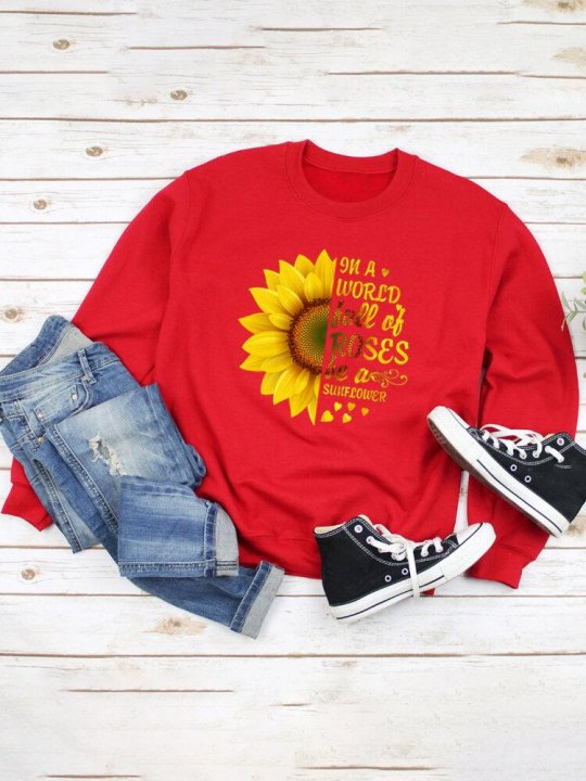 Sunflower Print O-neck Long Sleeves Casual Sweatshirt