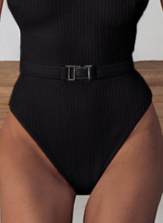 Women's One-Piece Swimsuits One-Piece Bathing Suits Solid U Neck Belt Basic One-Piece Swimsuit