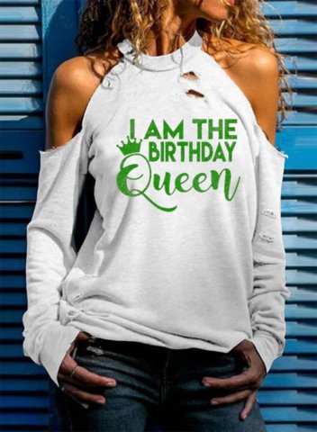 Women's I'm The Birthday Queen Print T-Shirt Letter Long Sleeve Cold Shoulder Daily Sweatshirt