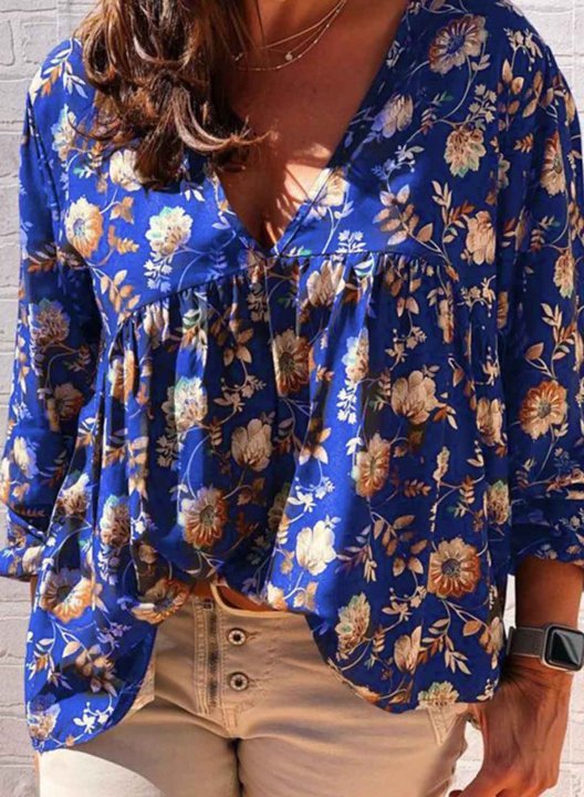 Women's Blouses Floral Long Sleeve V Neck Daily Vacation Beach Boho Blouse