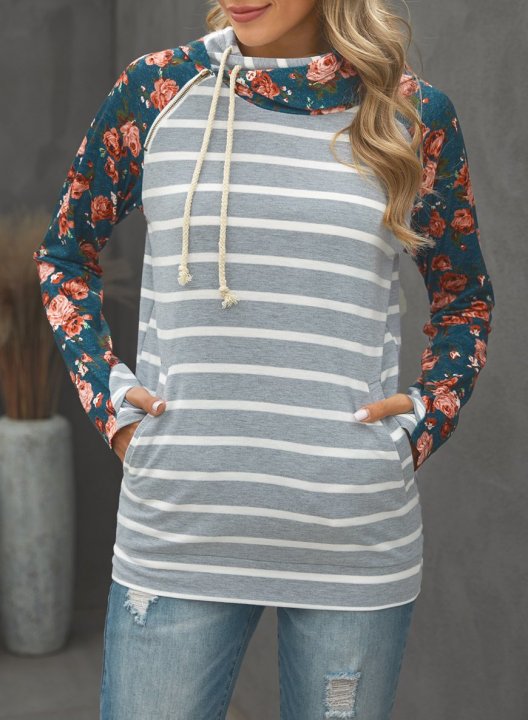 Floral-Print Paneled Striped Pocket Hoodie