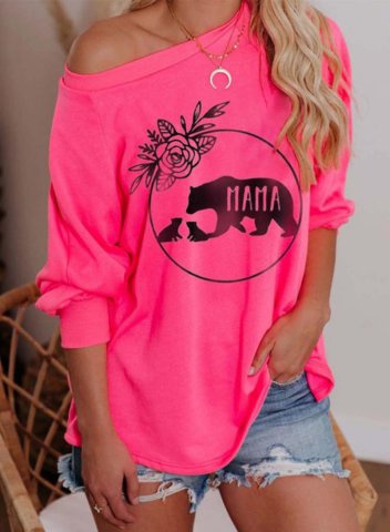 Women's Mama Bear Sweatshirt Casual Animal Print Solid One Shoulder Long Sleeve Daily Pullovers