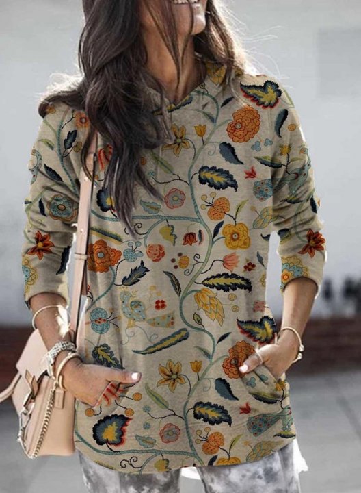 Floral Print Long Sleeve Pocket Hoodie