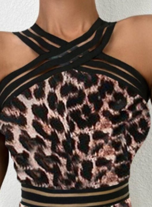 Women's One Piece Swimwear Leopard Spaghetti Mesh Sheer One-Piece Swimsuit