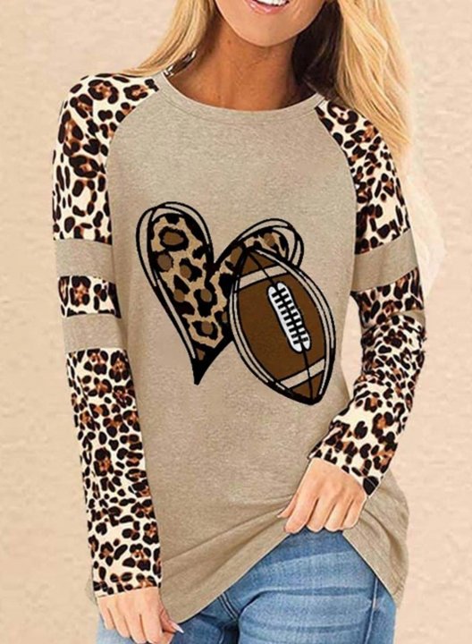 Women's Football & Heart Pprint Sweatshirts Round Neck Long Sleeve Sweatheart Leopard Casual Sweatshirts