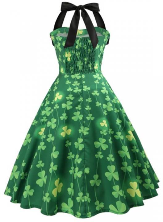 Women's Midi Dresses Shamrocks Print Sleeveless Halter Vintage Button Dress