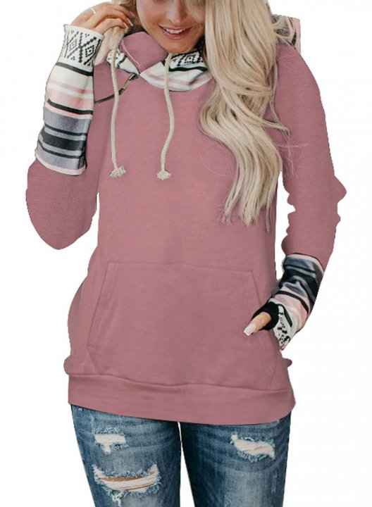 Long Sleeve Color Block Casual Hoodie