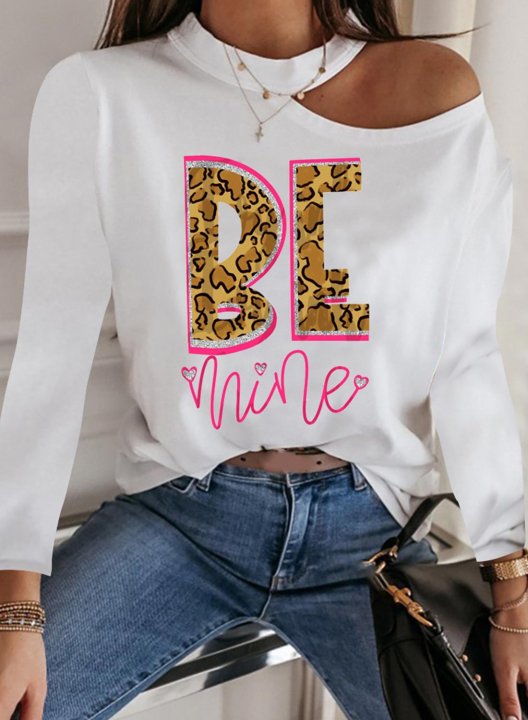 Women's Be Mine Leopard Long Sleeve T-Shirt Cold Shoulder Round Neck Long Sleeve Daily T-shirts