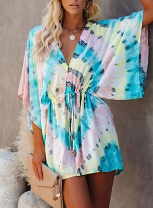 Women's Mini Dresses Knot Drawstring Shift Multicolor Tiedye Half Sleeve V Neck Daily Casual Mini Dress