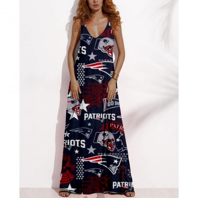 Women's Summer NEW ENGLAND PATRIOTS Fan Print V-neck Sleeveless Loose Long A-line Dress