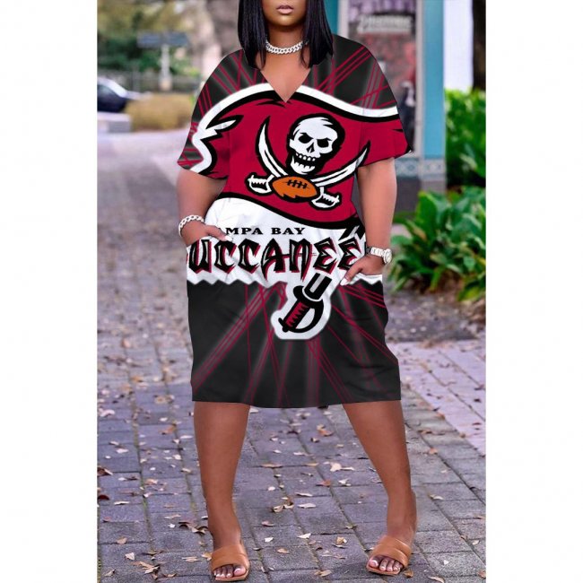 Tampa Bay Buccaneers Print Fashion Casual V Neck Short Sleeve Dress