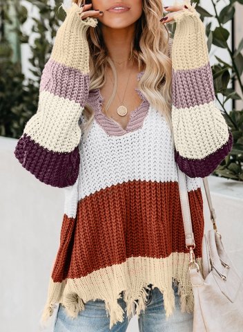 Women's Sweaters Casual Striped Distressed Sweaters