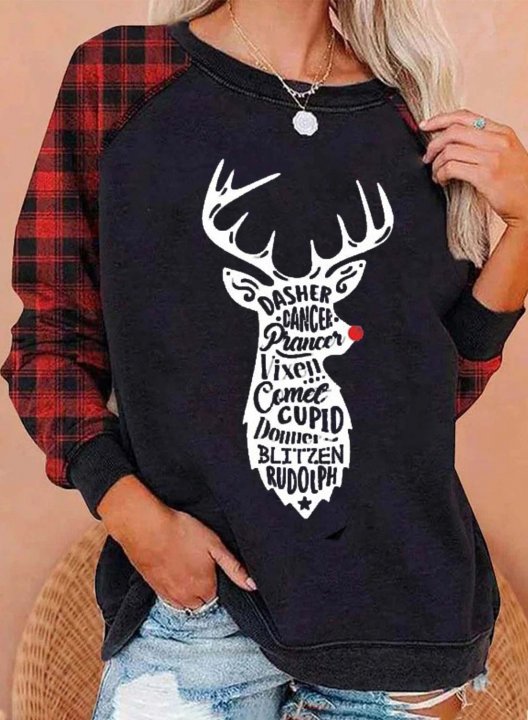 Women's Sweatshirts Deer Letter Print Plaid Long Sleeve Round Neck Daily Sweatshirt