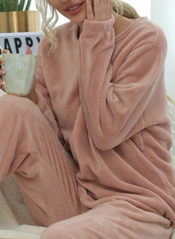Women's Fuzzy Warm 2-Piece Loungewear Pajama Set Pink Long Sleeve Fleece Loungewear Set