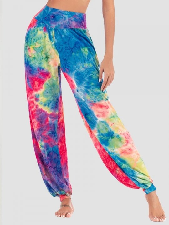 Blue Tie-dyed Thigh-high Slit Casual Pants