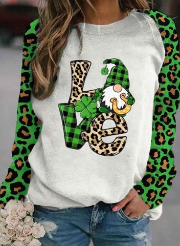 Women's St Patrick's Day Sweatshirts Leopard Plaid Letter Lover Print Long Sleeve Round Neck Sweatshirt