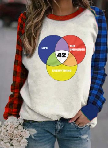 Women's 42 The Answer to Life Universe and Everything Graphic Sweatshirts Plaid Color Block Round Neck Sweatshirts