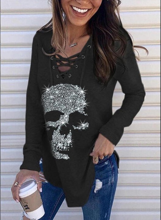 Women's Tunic Tops Rhinestones Solid V Neck Long Sleeve Criss Cross Casual Daily Tunics