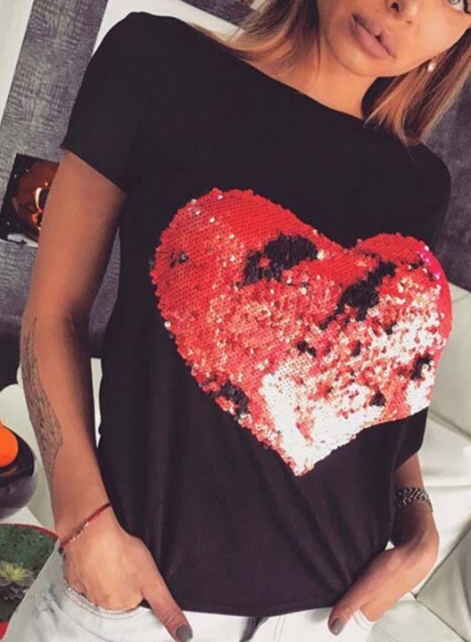 Women's Shirt Color Block Heart Print Sequin Short Sleeve Round Neck Daily T-shirt