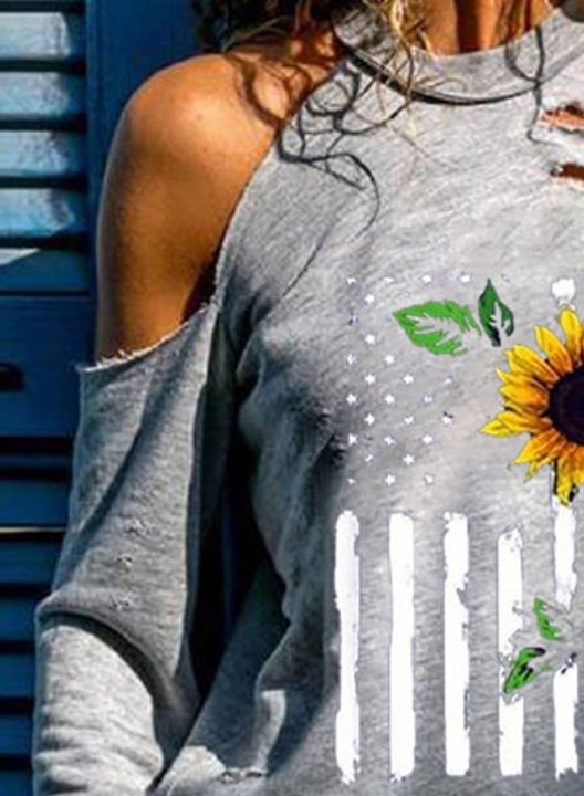 Women's T-shirts American Flag Sunflower Cold Shoulder T-shirt