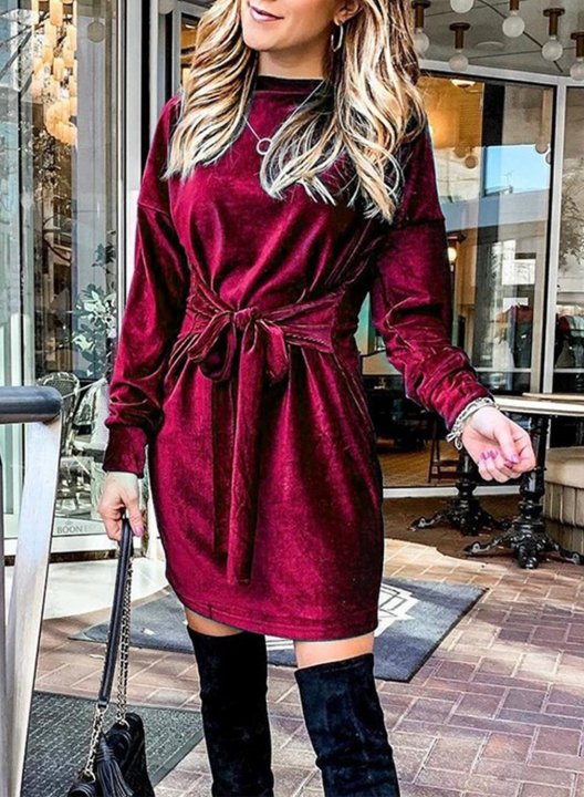 Women's Velvet Dress Tie Waist Round Neck Long Sleeve Belt Solid Date Fall/Winter Mini Dress