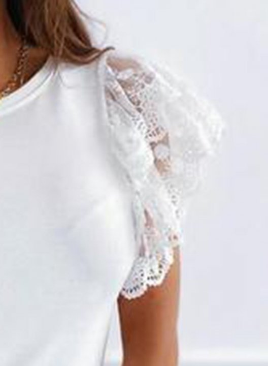 Women's T-shirts Lace Solid Short Sleeve Round Neck Daily Casual T-shirt